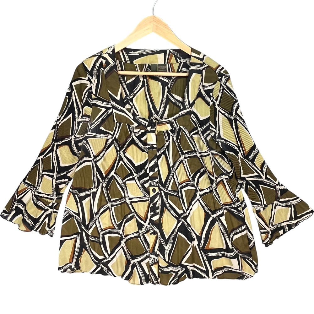 Sere Nade Geometric Y2K Pleated Blouse Flared Sleeve‎ Button Front Top Large